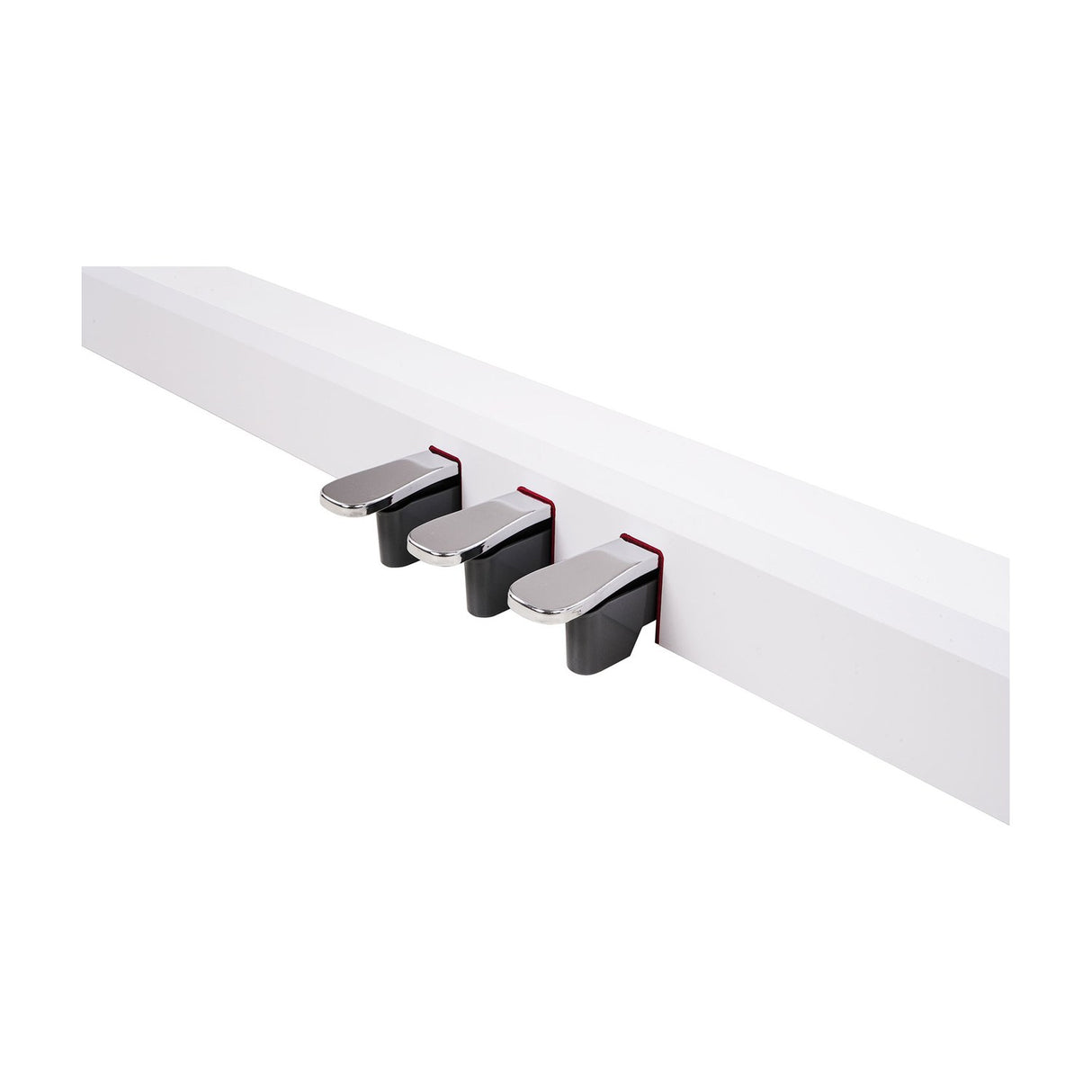 Close-up of the NU-X NPS-1 white wooden piano stand showing three integral chrome pedals for soft, sostenuto and sustain on a plain background.