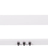 NU-X NPS-1 white wooden piano stand by AVSL, close-up showing the three integral pedals for soft, sostenuto and sustain on a plain background.