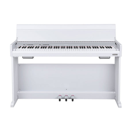 NU-X NCK-330 88-note weighted digital upright piano in white with three pedals, integrated stand and control panel, shown on a plain background.