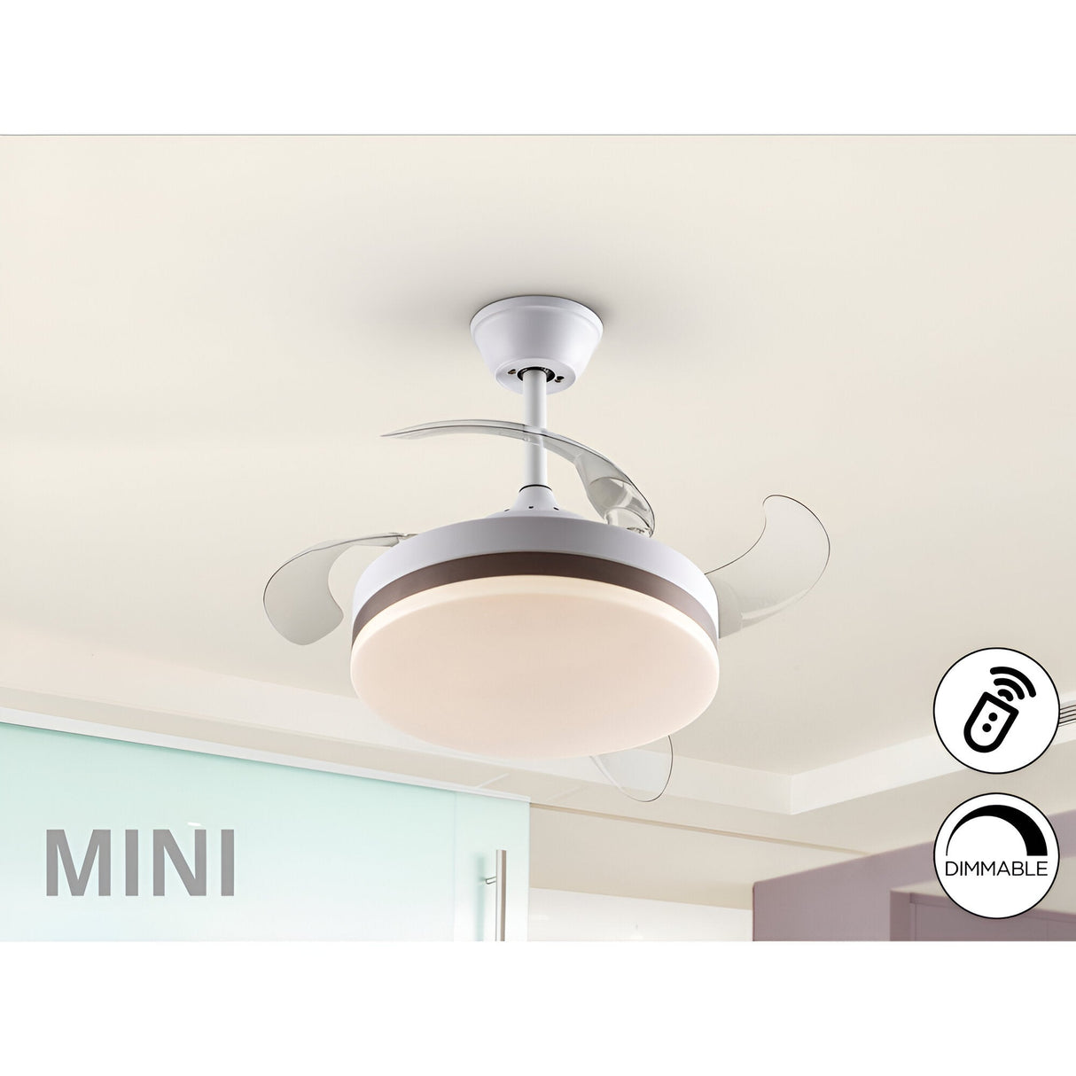 Vento Mini CCT Dimmable LED Retractable Blades Ceiling Fan Light - White/Bronze