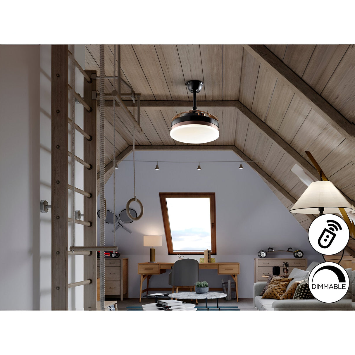Vento Mini CCT Dimmable LED Retractable Blades Ceiling Fan Light - Black/Brown