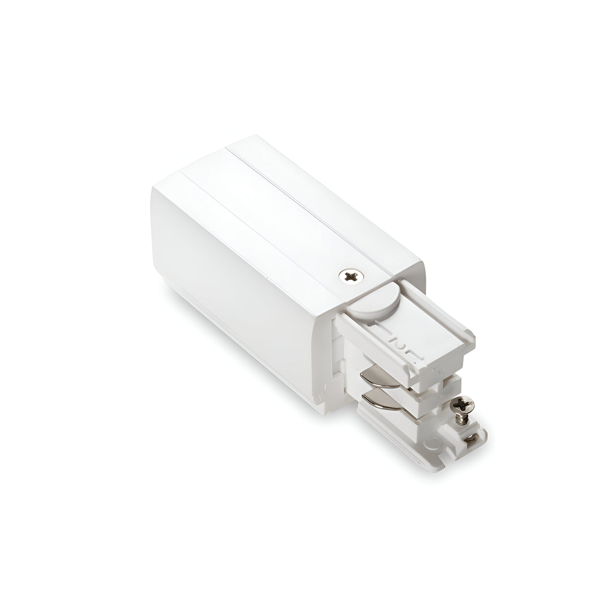The Brillia 3-Phase Trimless Track End-Left Power Input - On-Off in white is a rectangular electrical connector with a minimalistic design, featuring a visible screw on top. It's specifically designed for track power input in trimless lighting systems and is set against a plain white background to blend seamlessly into modern interiors.