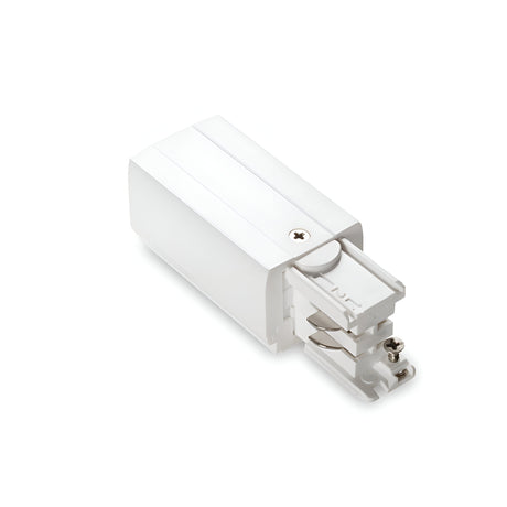 The Brillia 3-Phase Trimless Track End-Left Power Input - On-Off in white is a rectangular electrical connector with a minimalistic design, featuring a visible screw on top. It's specifically designed for track power input in trimless lighting systems and is set against a plain white background to blend seamlessly into modern interiors.