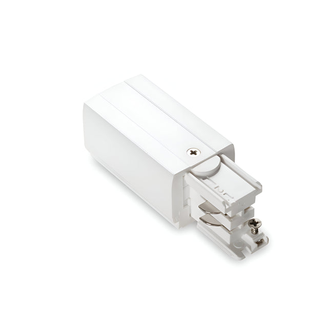 The Brillia 3-Phase Trimless Track End-Left Power Input - On-Off in white is a rectangular electrical connector with a minimalistic design, featuring a visible screw on top. It's specifically designed for track power input in trimless lighting systems and is set against a plain white background to blend seamlessly into modern interiors.