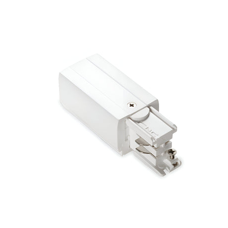 The Brillia 3-Phase Trimless Track End-Right Power Input - On-Off in white is an adapter designed for a three-phase track lighting system. It features a rectangular design with visible screws and includes a metal connector at one end. With an IP20 rating, this adapter is showcased on a plain white background.