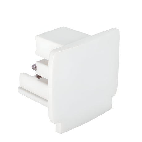 Introducing the Brillia End Cap in White: A rectangular, wall-mounted bracket with a sleek and minimalist design featuring a smooth white finish. Ideal for securing glass shelves, it perfectly complements spaces illuminated by track lighting. Displayed on a white background, it adds elegance to any decor.