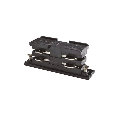 Image of a black Brillia Electric 3-Phase Track Connector featuring dual fuses. The connector includes visible screws on each side for mounting and connection. Its compact, rectangular design with metallic components encased in plastic makes it ideal for electrical systems.