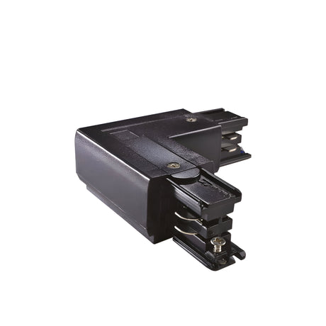 A Brillia 3-Phase Trimless L-Connector Track Left in black, designed for on-off functionality, is featured against a white background, ideal for seamlessly joining track lighting systems.
