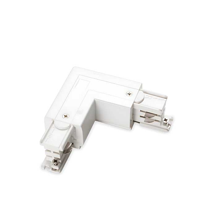 The Brillia 3-Phase Trimless L-Connector Track Right - On-Off in white is designed for connecting 3-phase track lighting systems. This connector features a trimless design with two metal clips at each end and screws on the surface, providing an IP20 rating for secure indoor use.