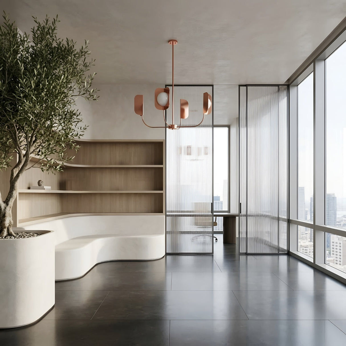 Minimalist office with large windows, city views, curved white bench, wooden shelves, potted tree, black tile floors, glass partitions, and a striking Petal 4 Light Chandelier - Copper as the modern centerpiece.