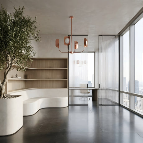 Minimalist office with large windows, city views, curved white bench, wooden shelves, potted tree, black tile floors, glass partitions, and a striking Petal 4 Light Chandelier - Copper as the modern centerpiece.