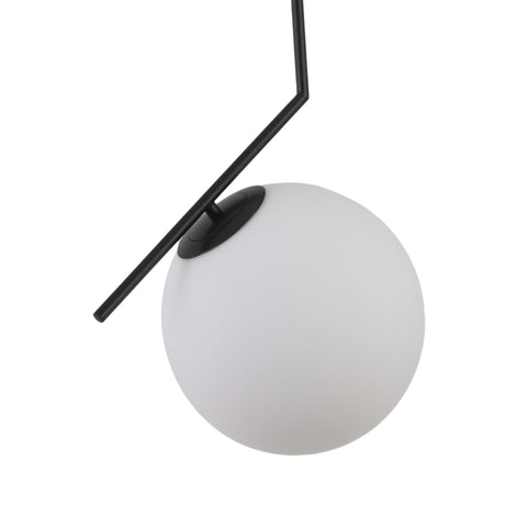 The Vetra Opal Glass Large Pendant Light - Black features a white opal glass shade and angled black metal rod, perfect for adding modern pendant lighting to any contemporary space.