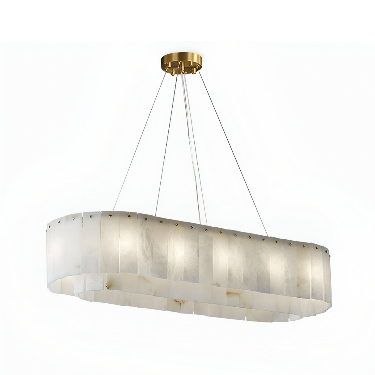 The Arvello 12 Light Layered Panel Alabaster Linear Chandelier in Soft White & Brass features translucent, marble-like panels, a gold ceiling mount, and four suspension wires for modern elegance.