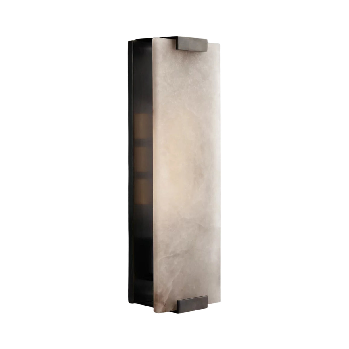 The Virelux LED Faceted Stone Alabaster Wall Light in soft white and black features a modern design with a rectangular alabaster shade and dark accents, emitting gentle, diffused light ideal for contemporary spaces.