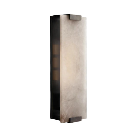 The Virelux LED Faceted Stone Alabaster Wall Light in soft white and black features a modern design with a rectangular alabaster shade and dark accents, emitting gentle, diffused light ideal for contemporary spaces.