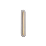 The Averra LED Small Round Alabaster Wall Light in Soft White & Brass has a modern frosted surface with a central vertical strip of warm light, displayed against a plain white background.