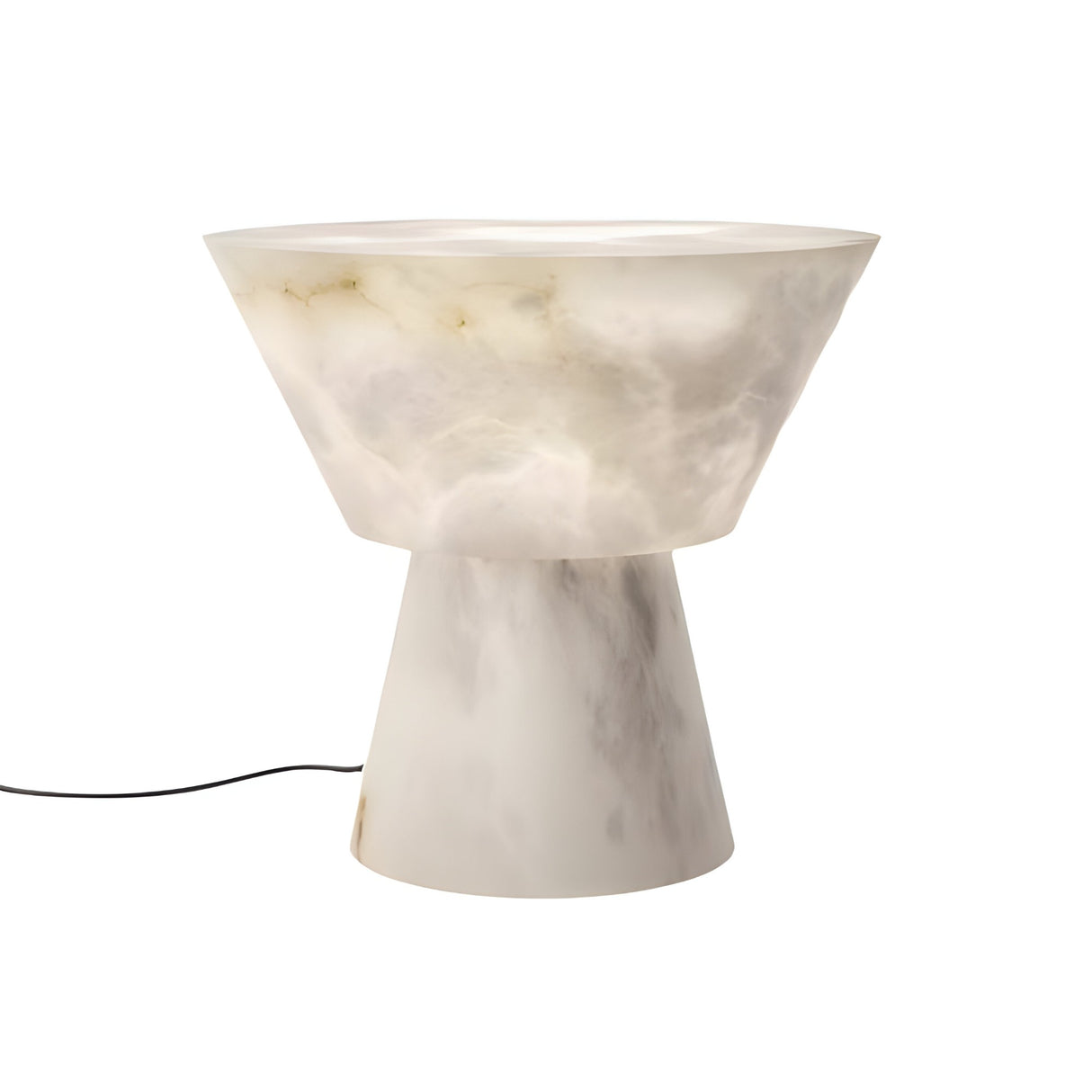 The Calyrix LED Small Flared Alabaster Table Lamp in Soft White features a wide bowl-shaped top, a narrower cylindrical base crafted from veined white marble, and a black power cord extending from the bottom left.