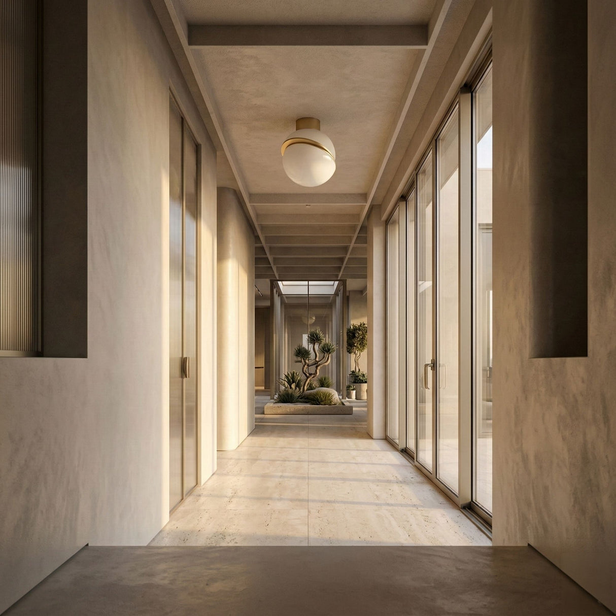 A modern, sunlit hallway features large glass doors on both sides, beige walls, and an Arc Semi-Flush Ceiling Light - Gold & White. At the end, there's a minimalist indoor garden with potted plants and gravel.