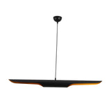 The Stealth 2 Light Linear Suspension in Brass & Black features a sleek, elongated oval design with subtle orange accents and hangs from the ceiling by a thin black cord for a touch of modern elegance.