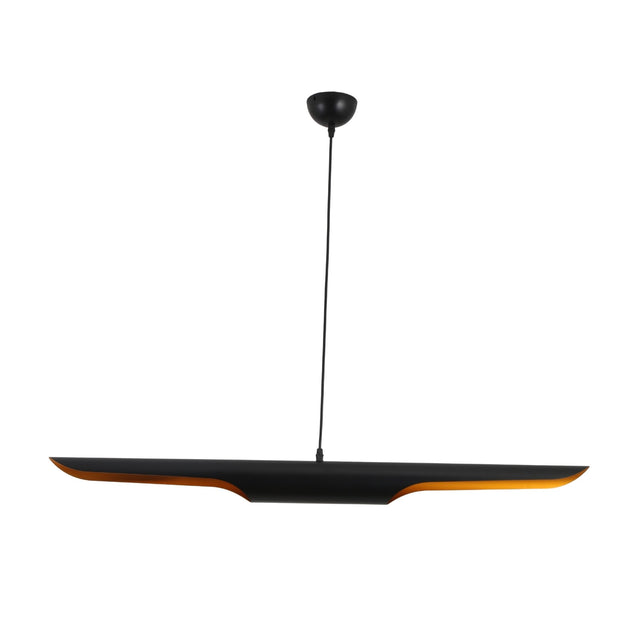 The Stealth 2 Light Linear Suspension in Brass & Black features a sleek, elongated oval design with subtle orange accents and hangs from the ceiling by a thin black cord for a touch of modern elegance.