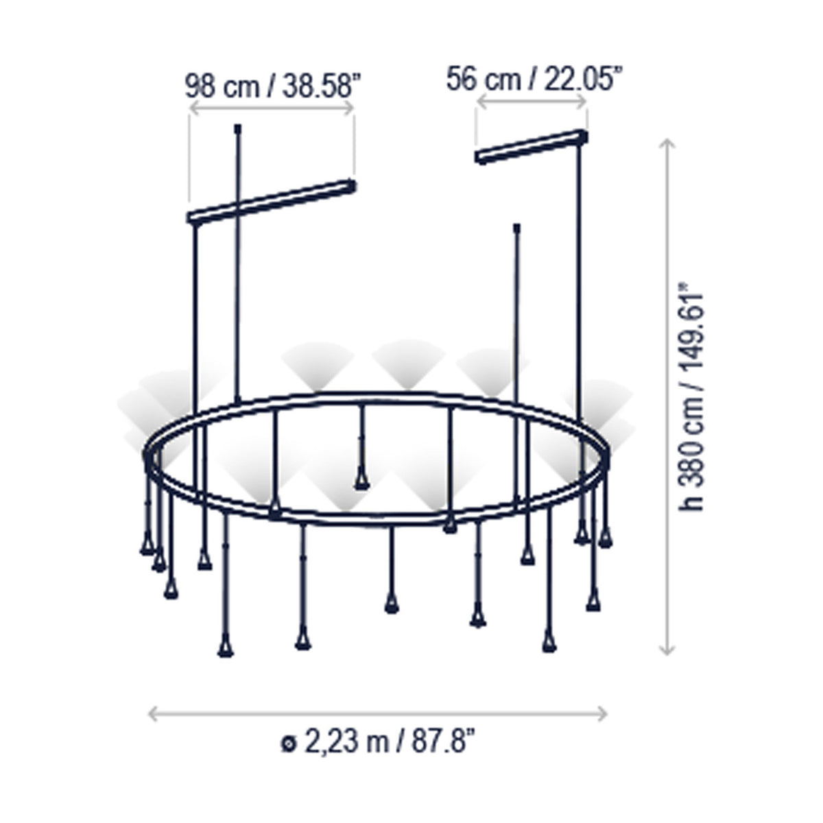 Skybell Circle Iron Ring LED Pendant Light in Ebony Black, technical diagram showing circular ring frame with cone-shaped drop heads, suspension cables, 2.23m ring diameter, and 380cm height.