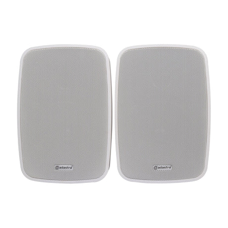 Adastra BG5A-W active stereo speaker set in white, pair of rectangular wall-mount cabinets with perforated steel grilles, shown on a plain background.
