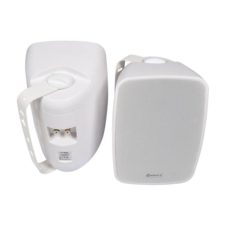 Adastra BG5A-W white active stereo speaker set showing front grille and rear panel with wall brackets and connection terminals on a white background.