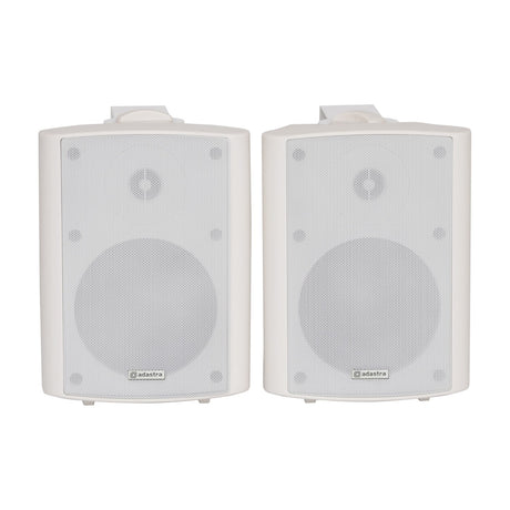 Adastra BC5A-W 5.25" active stereo speaker set in white, shown as a pair of wall-mount cabinets with mesh grilles on a plain background.