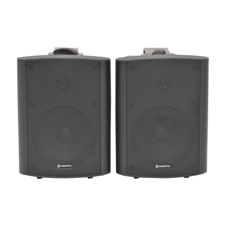 Adastra BC5A-B 5.25" active stereo speaker set in matt black, shown as a pair with mesh grilles and wall-mount brackets on a plain background.