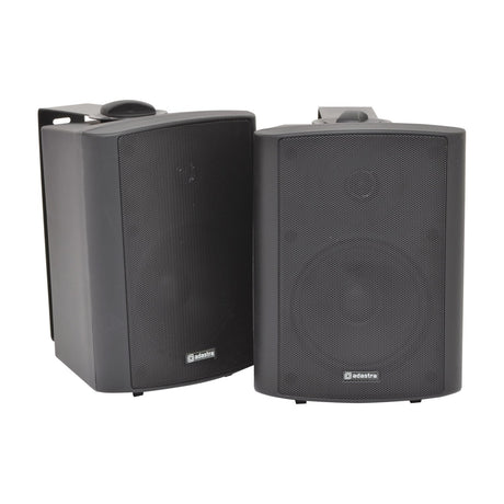 Adastra BC5A-B 5.25" active stereo speaker set in matt black with front mesh grilles and mounting brackets, shown as a pair on a white background.
