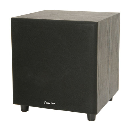 AV:Link M8S active subwoofer with 8in driver in a compact black woodgrain cabinet with fabric front grille and tapered feet, on a plain background.