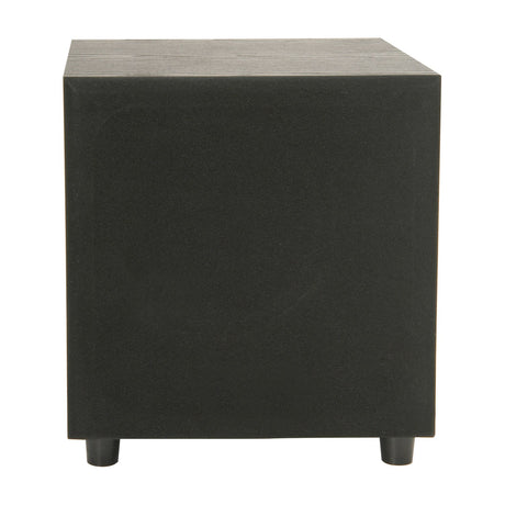 AV:Link M8S active subwoofer cabinet in matte black with fabric-covered front grille, wood-effect top and small cylindrical feet, on a plain white background.