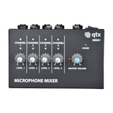 QTX MM41 4-channel mono mini microphone mixer in matte black with four level knobs, blue master volume dial, power LED and top-mounted jack inputs.