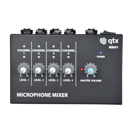 QTX MM41 4-channel mono mini microphone mixer in matte black with four level knobs, blue master volume dial, power LED and top-mounted jack inputs.