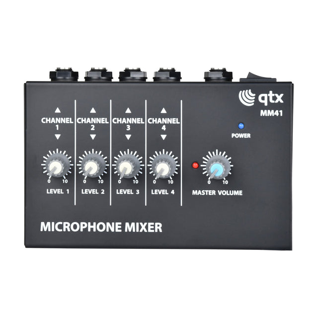 QTX MM41 4-channel mono mini microphone mixer in matte black with four level knobs, blue master volume dial, power LED and top-mounted jack inputs.