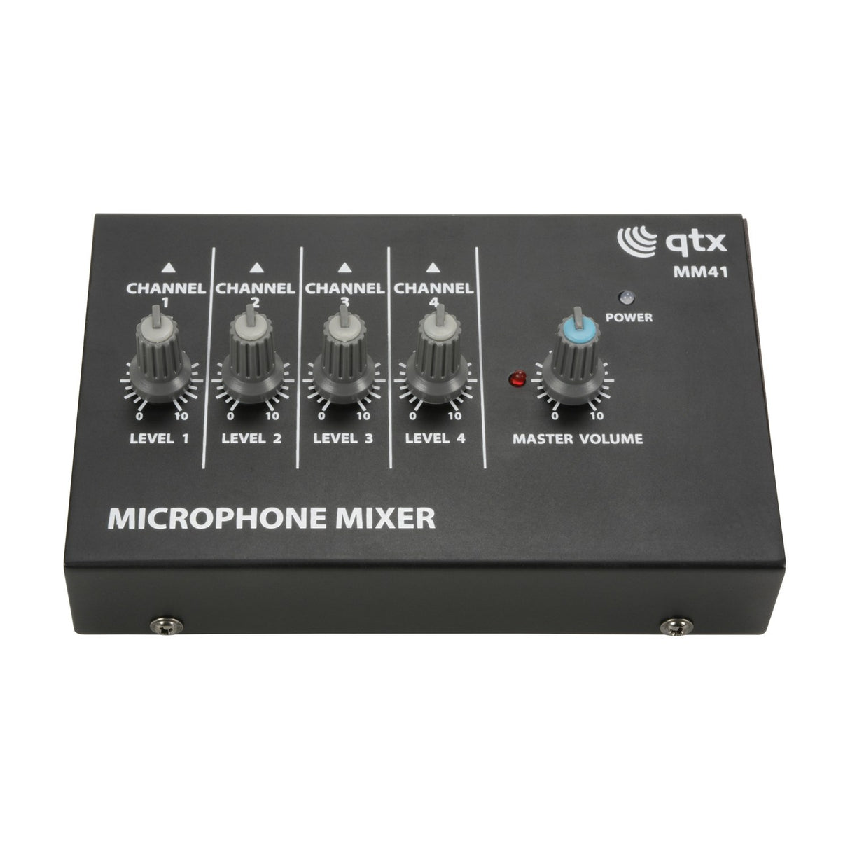 QTX MM41 compact black 4-channel mono microphone mixer with four grey level knobs, blue master volume dial and power LED, shown on a white background.