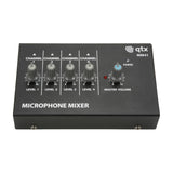 QTX MM41 compact black 4-channel mono microphone mixer with four grey level knobs, blue master volume dial and power LED, shown on a white background.
