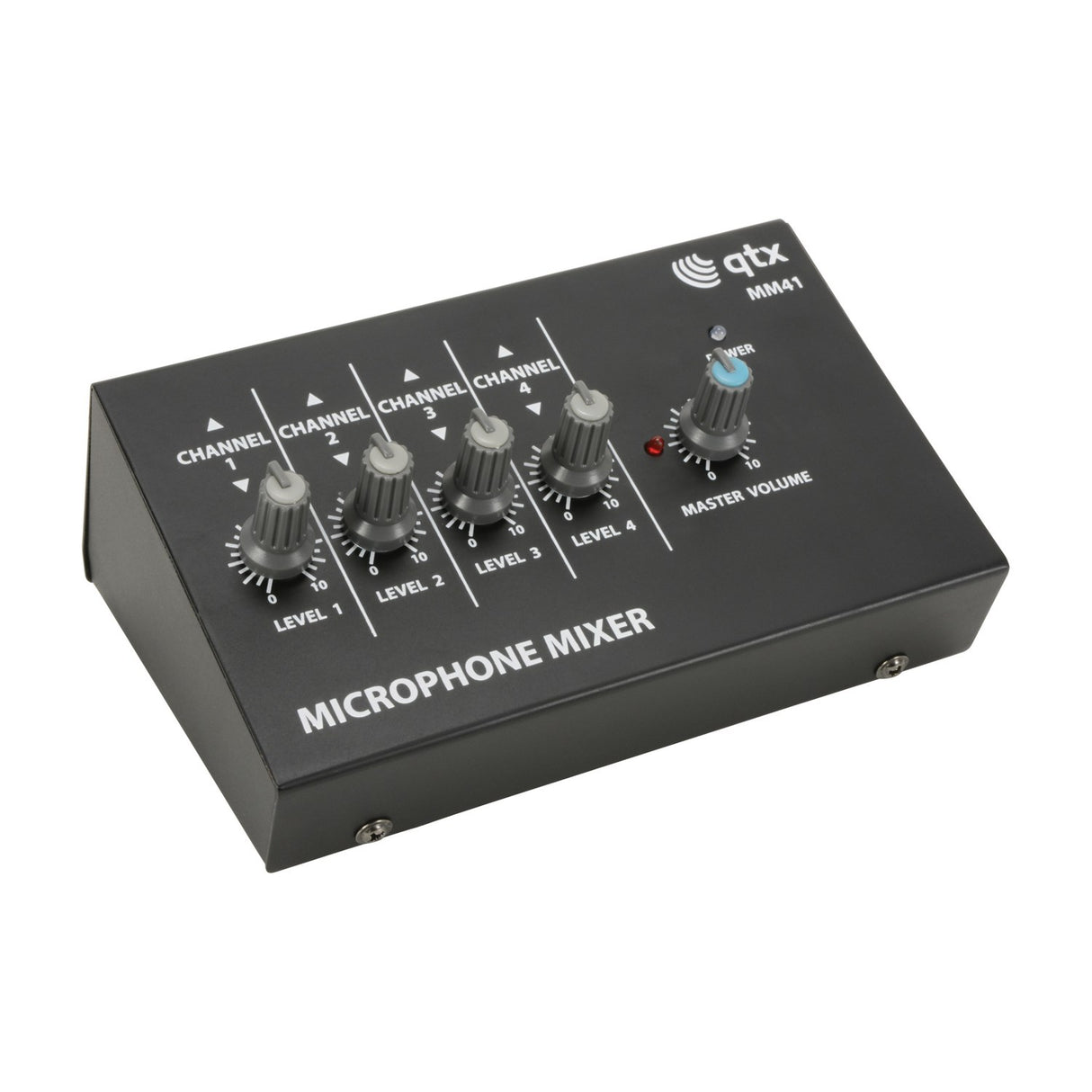 QTX MM41 compact black 4-channel mono microphone mixer with four grey channel level knobs, blue master volume dial and power indicator.
