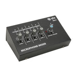 QTX MM41 compact black 4-channel mono microphone mixer with four grey channel level knobs, blue master volume dial and power indicator.