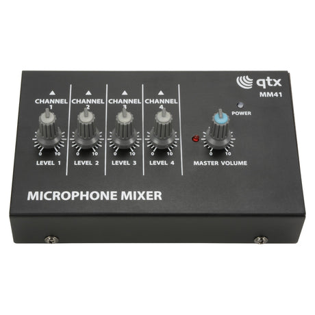 The QTX 4 Channel Mini Microphone Mixer, in a stylish black finish, comes equipped with jack inputs and four channel knobs labeled Level 1 to Level 4, each numbered from 1 to 10 for precise volume adjustments. It also features a master volume knob and a power button on the right side.