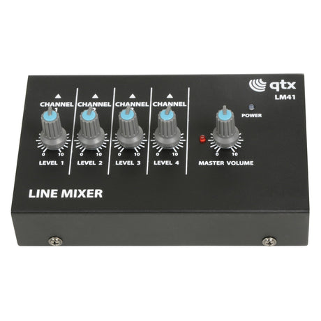 The QTX 4 Mono Channel Line Level & Instrument Mixer in black, from the compact mixers range, includes five control knobs labeled Channel Level 1 to Level 4 and Master Volume. This stereo version features high impedance inputs and a convenient power indicator light.