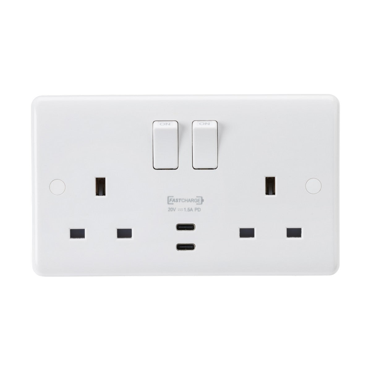 This 13A 2 Gang DP Switched Socket with a rounded edge comes equipped with dual USB charging ports, including a USB-C port, and is designed for UK plug types. It features Fastcharge capabilities to meet modern electrical needs securely.