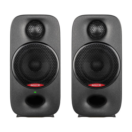 NU-X NFM-03 Axon 3 nearfield studio monitors in matte black ABS, shown as a pair with dome tweeters, 3-inch woofers and front bass ports.