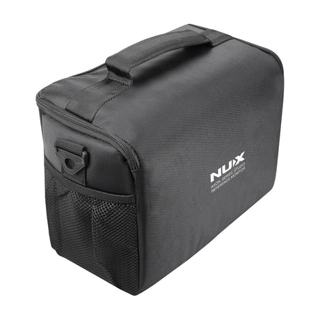 Padded black transit bag for the NU-X NFM-03 Axon 3 nearfield studio monitors, with carry handle, side mesh pocket and printed logo, on a white background.