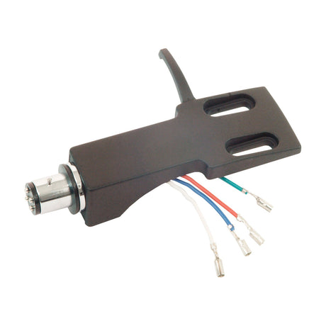 QTX standard turntable headshell by AVSL in matte black with silver mount and pre-attached coloured cartridge wires, shown on a plain white background.