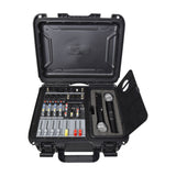 Citronic FLITE-600 powered mixer in open black flight case with 4-channel controls, faders, DSP section and two UHF handheld microphones in foam compartment.