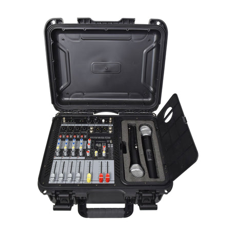 Citronic FLITE-600 powered mixer in open black flight case with 4-channel controls, faders, DSP section and two UHF handheld microphones in foam compartment.