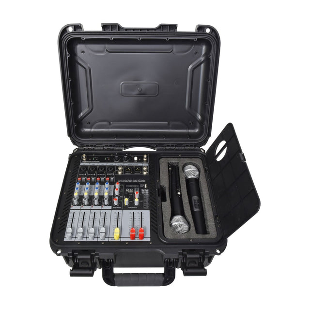 Citronic FLITE-600 powered mixer in open black flight case with 4-channel controls, faders, DSP section and two UHF handheld microphones in foam compartment.