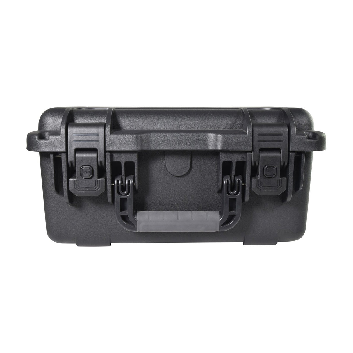 Closed Citronic FLITE-600 powered mixer flight case in matte black, showing dual locking catches, moulded carry handle and rugged shell on a white background.