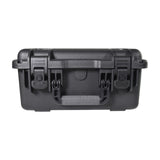 Closed Citronic FLITE-600 powered mixer flight case in matte black, showing dual locking catches, moulded carry handle and rugged shell on a white background.